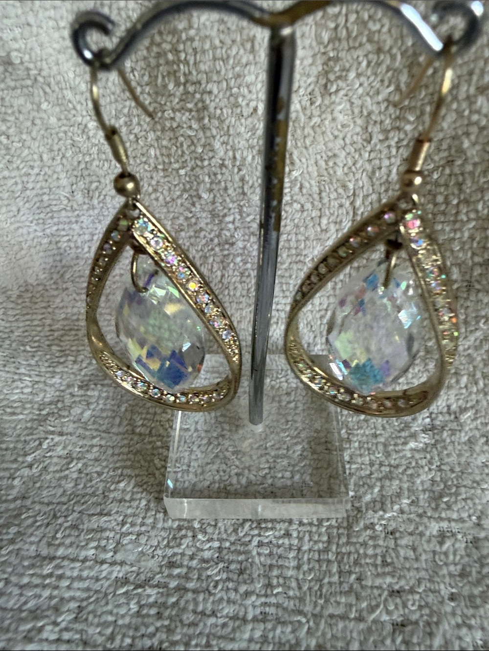Gold-Tone Teardrop Earrings with Iridescent Crystal Accent - Women Jewelry